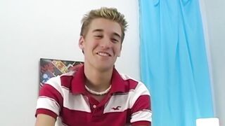 Petite gay Devin Becker plays with dildo while jerking off