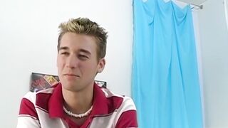 Petite gay Devin Becker plays with dildo while jerking off