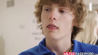 Cute twink Spikey Dee gets serviced by two big boobed hottie