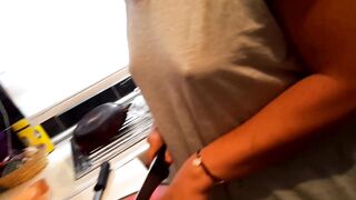 Braless Lover huge rough big nipples cooking into kitchen