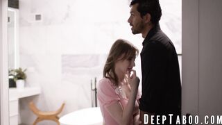 Petite Melody Marks is spitroasted by her boyfriend and a hung stud