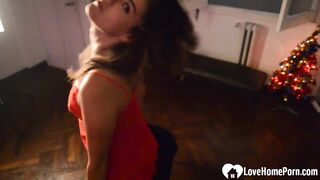 Step-Daughter teases inside a Bombshell red panties outfit
