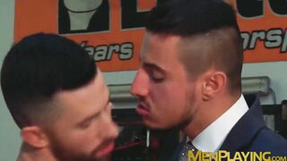 Suited Klein Kerr fucks the tight ass of manager Sunni Colucci in the garage