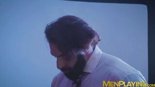 Bearded hunk Scott Carter doggy styled suited Donato Reyes in the cinema