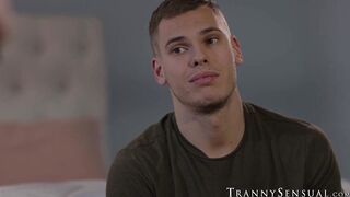 Slim and sexy trans Janie Blade fucks young stud Tony Sting until he cums