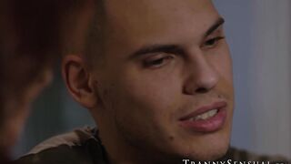 Slim and sexy trans Janie Blade fucks young stud Tony Sting until he cums