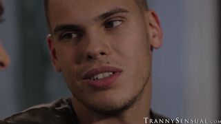 Slim and sexy trans Janie Blade fucks young stud Tony Sting until he cums