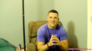 Horny muscled Kyle giving pleasure to himself by stroking his big cock on the bed