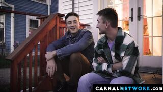 A small trickle of precum oozes out of Colton's while wanking his brother Cole Blue's