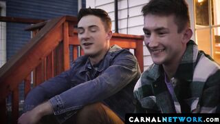A small trickle of precum oozes out of Colton's while wanking his brother Cole Blue's