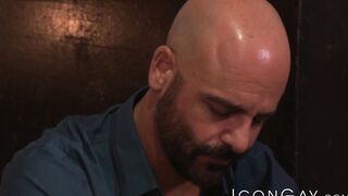 I can tell that bald hottie Adam Russo is in pain while I hammer his ass