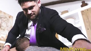 Lovely Allen King feet worship suited Beau Butler before getting banged