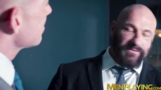 Suited Mark Vallant serves sloppy blowjob in an ass fucking with Bruce Beckham