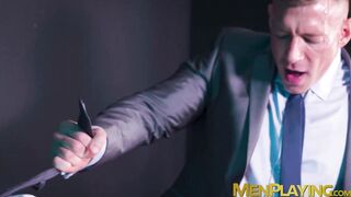 Suited Mark Vallant serves sloppy blowjob in an ass fucking with Bruce Beckham
