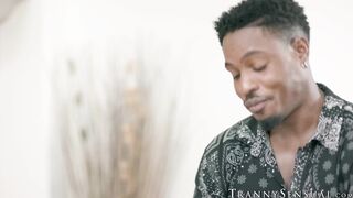 Busty tranny Jade Venus bends down awaits for the big black cock of DeAngelo Jackson