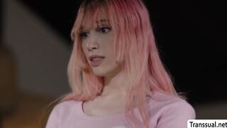 Shy TS gives her busy stepbrother a best blowjob