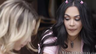 Bodacious tranny Eva Maxim gets oiled before delivering a relentless fucking to Aiden