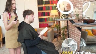Bearded Michael Fly receives haircut and a sloppy blowjob from sexy Stacy Cruz