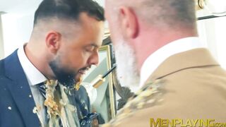 Food fighting turns into a rough ass pounding by suited Adam Franco and Sir Peter