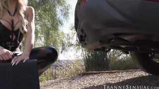 Lovely babe Maya Woulfe gets pricked in the ass by a beautiful tranny