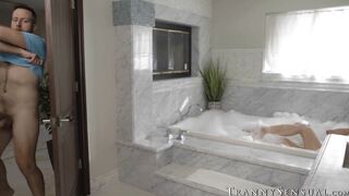 Well hung Joel Someone and busty TS Tori Easton get wet and wild in the tub