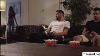 Stepbros friend bareback fucks his TS stepsister