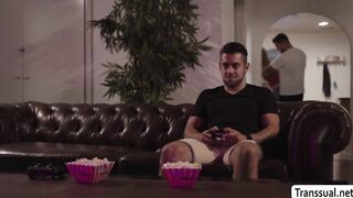 Stepbros friend bareback fucks his TS stepsister