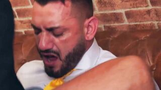Sloppy blowjob and cock riding by suited Dani Robles and barber Leo La Rosa