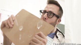 Bearded doctor receives ass piercing from big boob shemale Kasey Kei