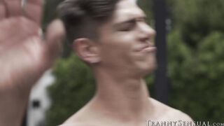 Lovely tbabe Eva Maxim receives spit roasting from two athletic dudes