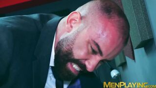 Bearded Bruno Max sucks and rides the monster cock of Sir Peter