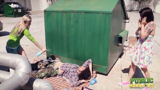 Publichandjobs - Raquel And Jessie Offer Hand Job To Lucky Bro Behind Dumpster