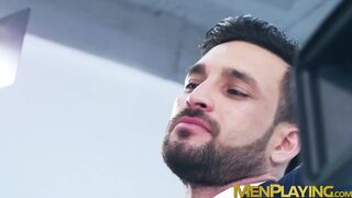 Sexy Javi Gray pounds his ass into the thick cock of suited John Brachalli