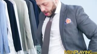 Sexy Javi Gray pounds his ass into the thick cock of suited John Brachalli