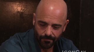 I can tell that bald hottie Adam Russo is in pain while I hammer his ass