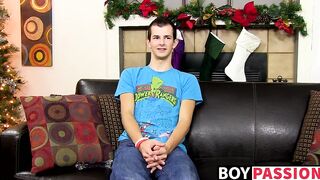 Young twink with huge cock masturbates after an interview
