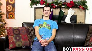 Young twink with huge cock masturbates after an interview