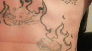 Old tattooed gay masturbates his thick cock in intense solo