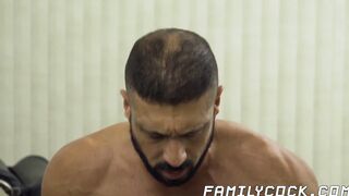 Bearded hunk hammering young stepson after wet deepthroat