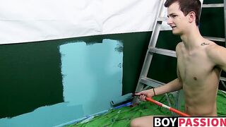 Slim twink boyfriends exchange blowjobs until spilling cum
