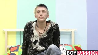Skinny teenager Ian jerks off his big cock after interview
