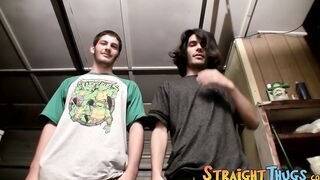Straight jocks jerk off hairy cocks next to each other