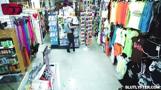 Security officer Wrex Oliver commands the shoplifter besties to suck
