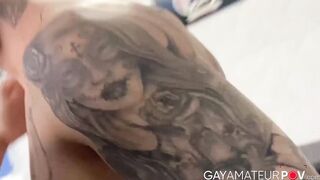 Inked Edu Scot bent over to welcome the long thick cock into his tight asshole