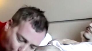 Chubby man receives cum in mouth in interracial threesome