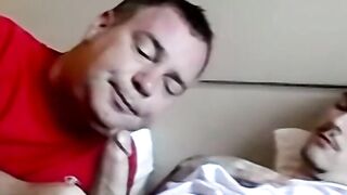 Chubby man receives cum in mouth in interracial threesome