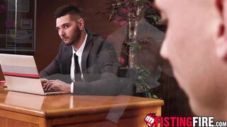 Sexy new employee Teddy Bryce bends over his boss desk to offer his hole