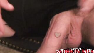 Seductive tattooed hunk jerks off while moaning in hot solo