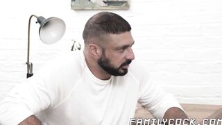 Bearded hunk bangs petite teen from behind until he cums