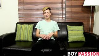 Adorable twink is interviewed and then he takes a big toy